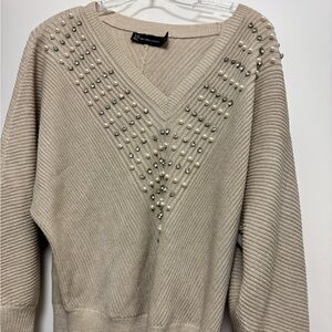 NY&Co Shimmer Knit V-Neck Sweater w/ Pearl & Rhinestone Detail – Size L